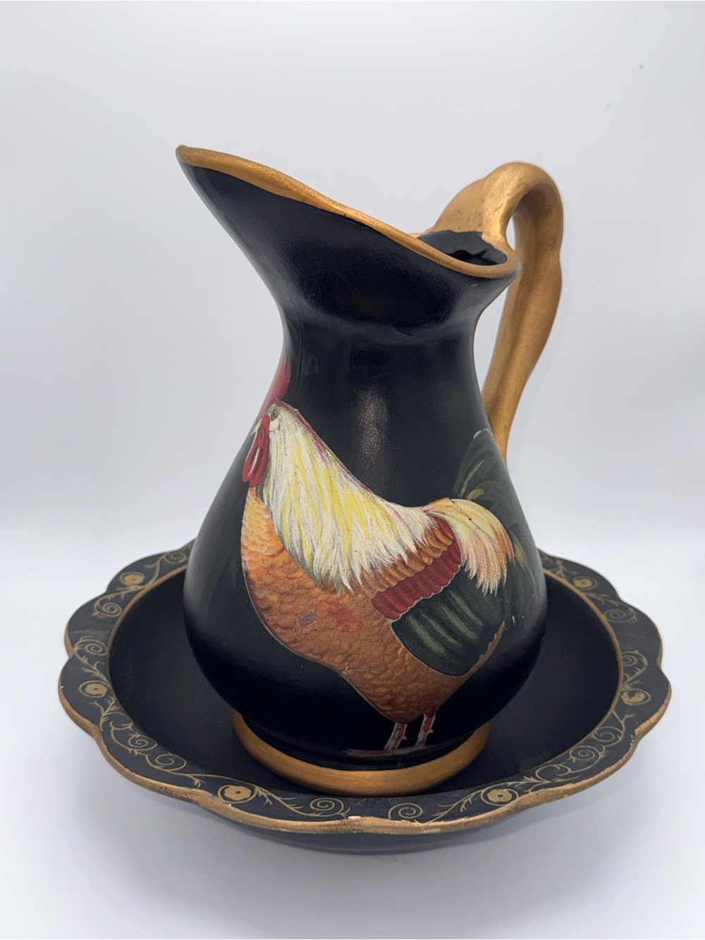 Hand-Painted Rooster Ceramic Pitcher and Basin Set - Black and Gold